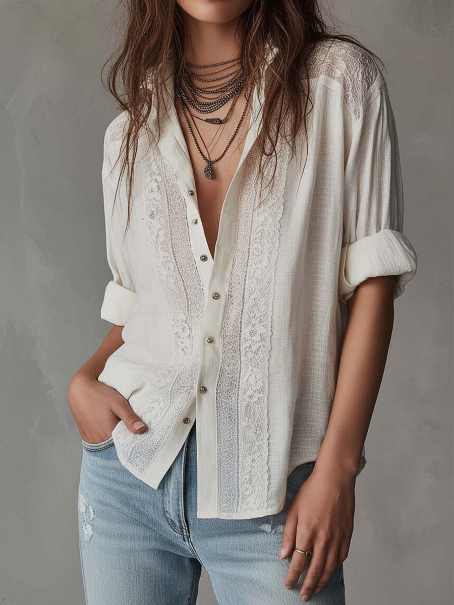 Vintage Lace Trim Cotton-Linen Blouse