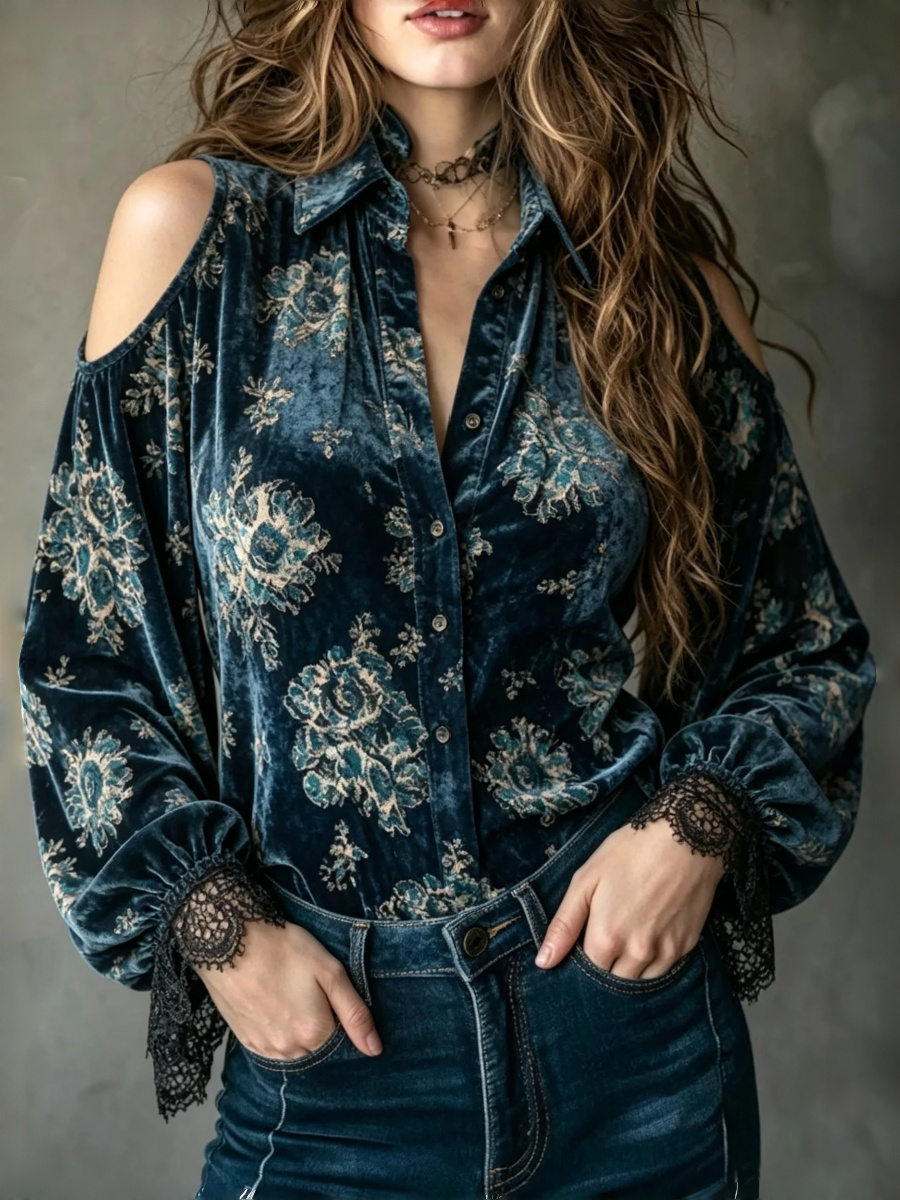 Blue Floral Cold Shoulder Velvet Top