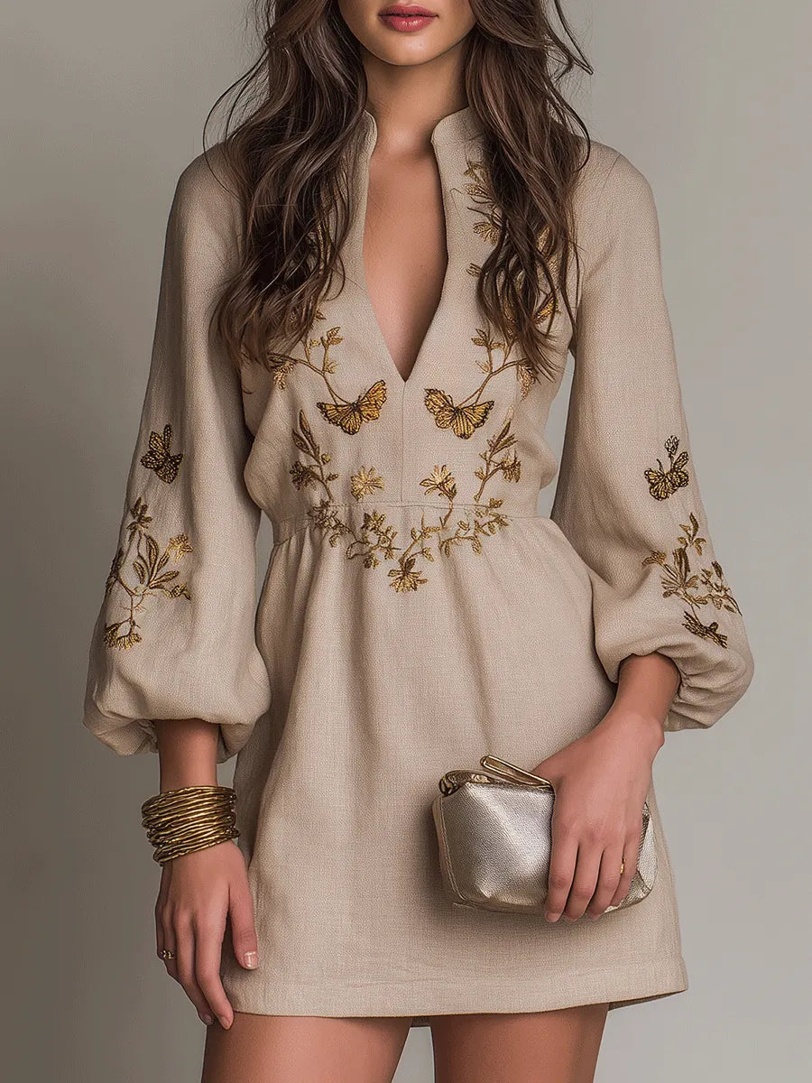 Bohemian Puff Sleeve Embroidered Short Mini Dress