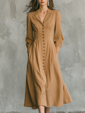 Retro Lapel Button Fitted Waist Midi Dress
