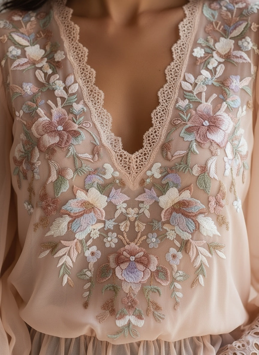 Elegant Embroidered V-Neck Chiffon Blouse with Lace Trim