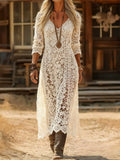 Women's Hollow Lace V-neck Long-sleeved Long Dress