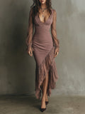 Elegant Bell Sleeves Lace Splicing Fishtail Hem Midi Dress