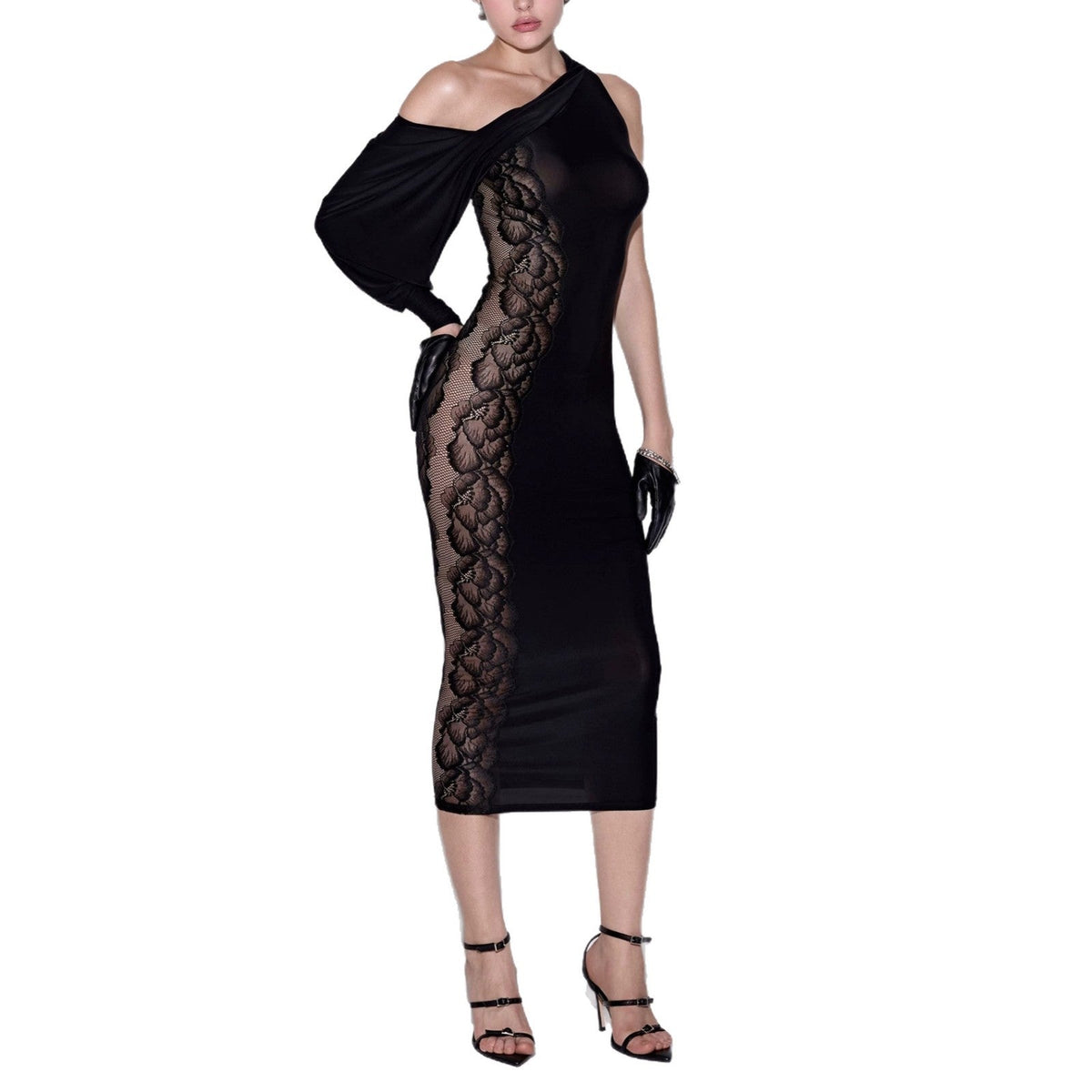 Elegant Solid Color Irregular Diagonal Collar Texture Lace Stitching See-through Dress