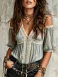 Sage Blue Cold Shoulder Lace Trim Boho Top