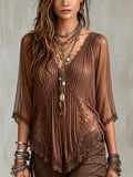 Brown Sheer Pleated Lace Trim Boho Top