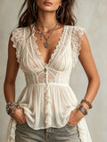 White Lace Ruffle Deep V Peplum Boho Top