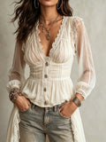 Ivory Sheer Lace Trim Long Sleeve Corset Boho Top