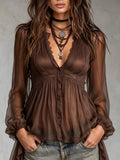 Chocolate Brown Sheer Pleated Deep V Lace Trim Long Sleeve Boho Top