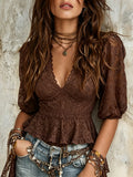 Chocolate Brown Floral Lace Deep V Puff Sleeve Peplum Boho Top