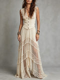 Ivory Lace Trim Corset Button Sheer Tiered Maxi Dress