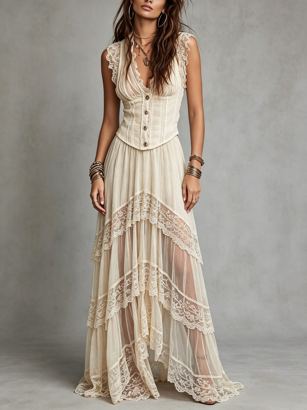 Ivory Lace Trim Corset Button Sheer Tiered Maxi Dress