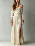 Ivory Cold Shoulder Ruched Chiffon Floral Applique Front Slit Maxi Dress