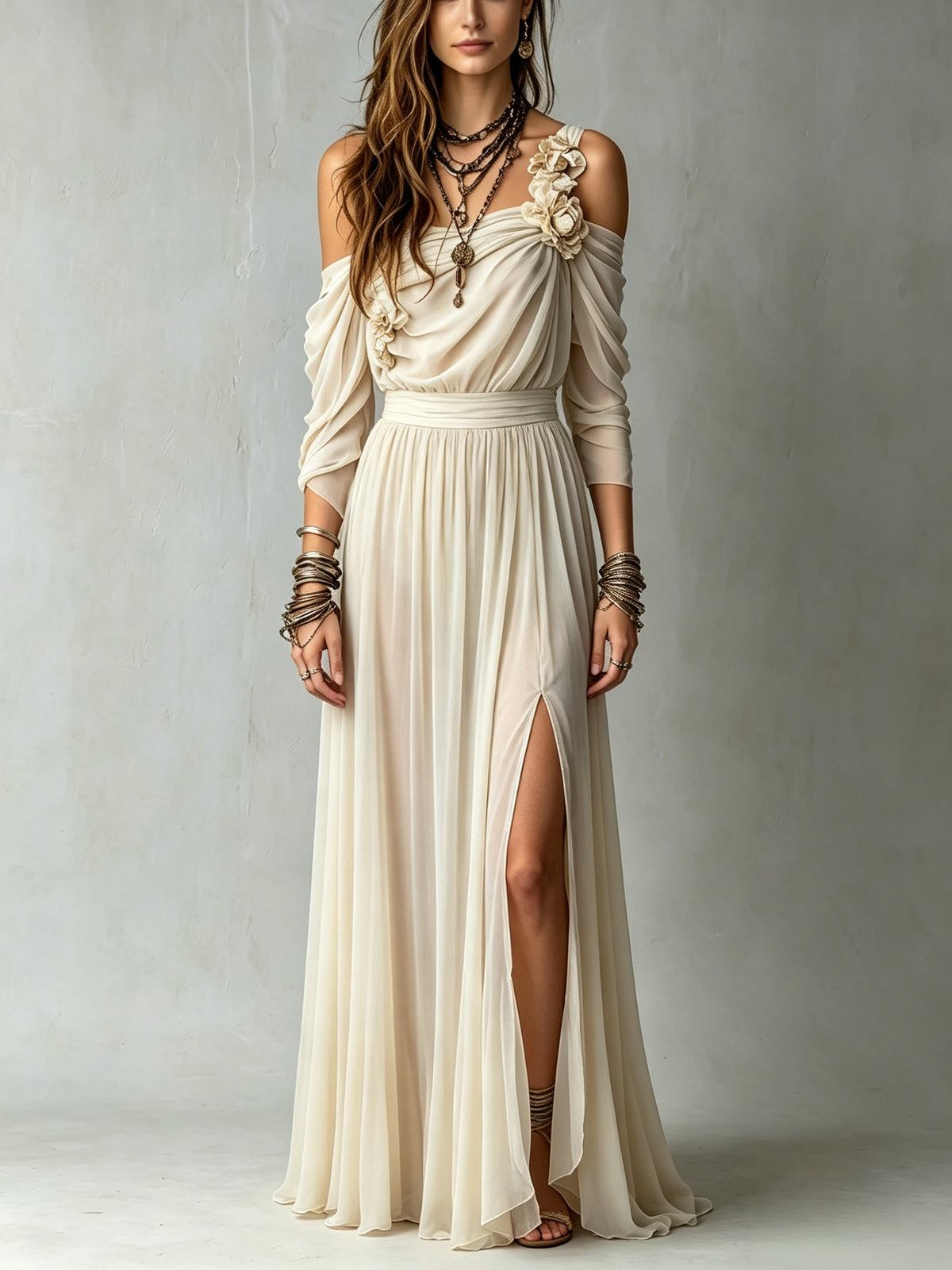 Ivory Cold Shoulder Ruched Chiffon Floral Applique Front Slit Maxi Dress