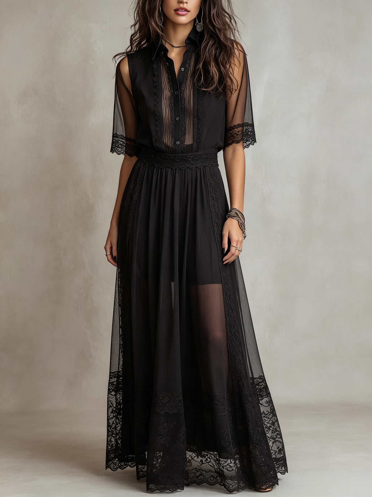 Black Sheer Mesh Lace Trim Shirt Collar Button Smocked Waist Maxi Dress