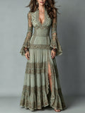 Sage Green Deep V Lace Embroidered Smocked Flare Sleeve Front Slit Maxi Dress