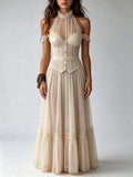 Ivory Halter Neck Cold Shoulder Lace Corset Button Chiffon Maxi Dress