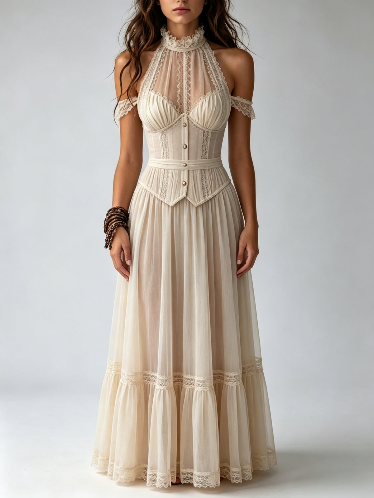 Ivory Halter Neck Cold Shoulder Lace Corset Button Chiffon Maxi Dress