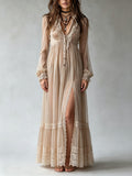 Beige Sheer Chiffon Deep V Lace Trim Button Front Slit Lantern Sleeve Maxi Dress
