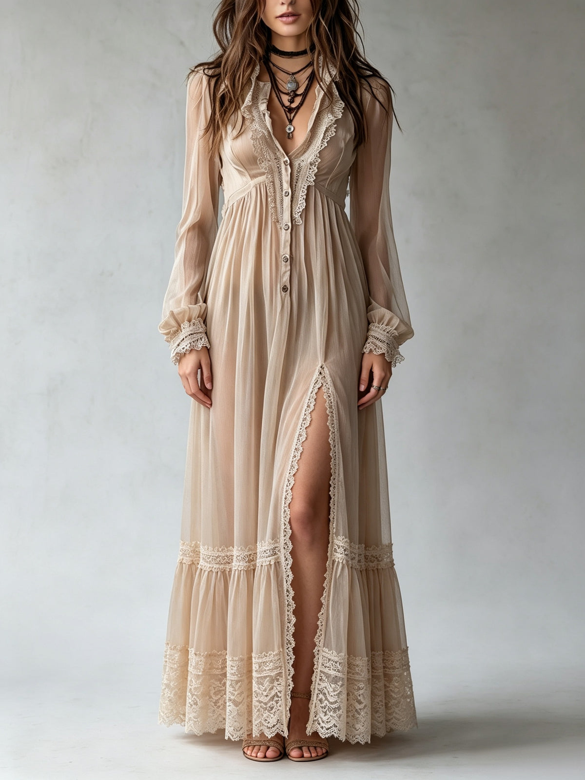 Beige Sheer Chiffon Deep V Lace Trim Button Front Slit Lantern Sleeve Maxi Dress