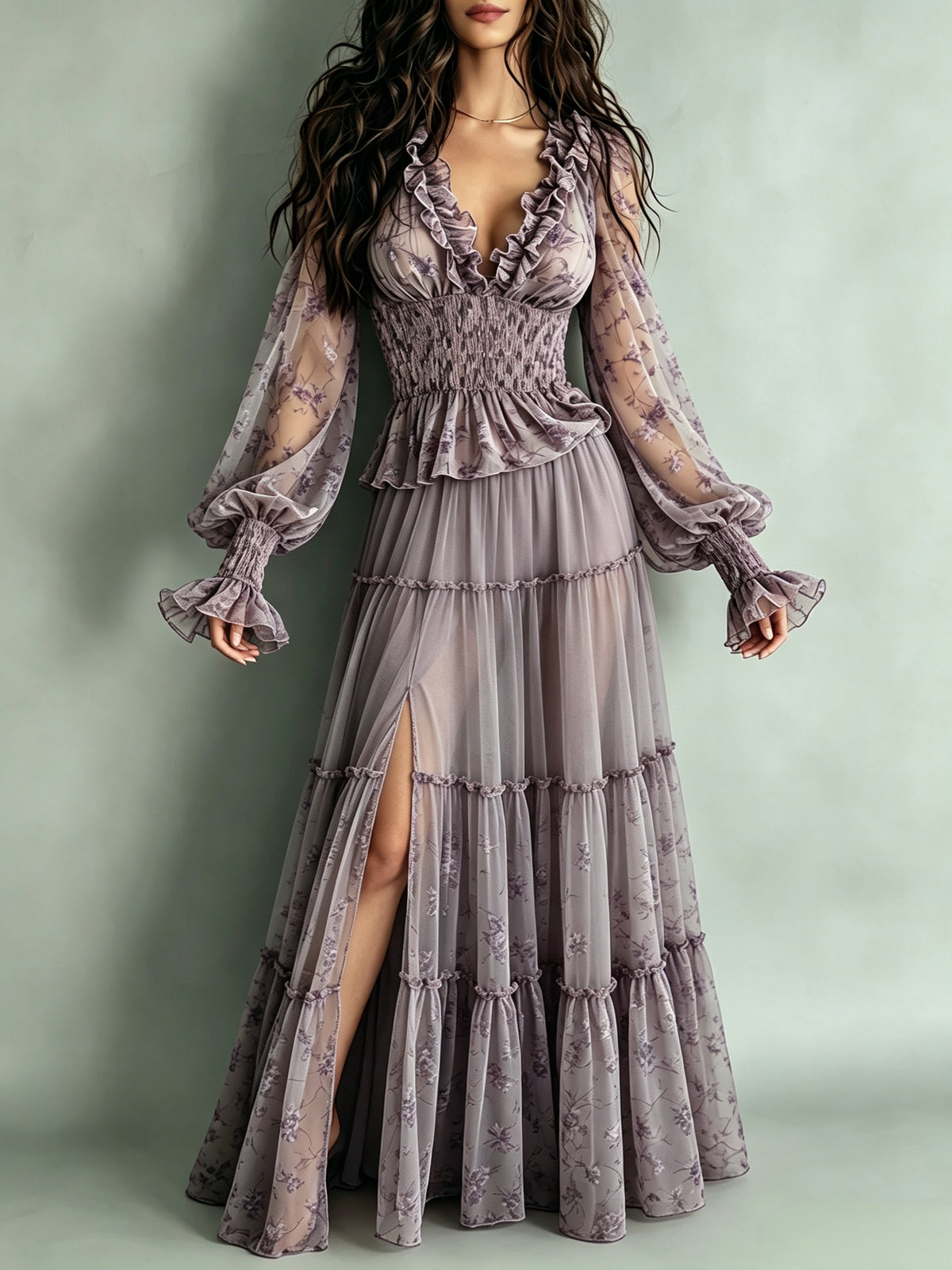 Mauve Floral Print Deep V Ruffle Smocked Waist Lantern Sleeve Tiered Front Slit Maxi Dress