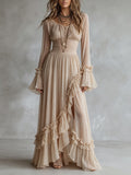 Ivory Sheer Chiffon Deep V Smocked Waist Ruffle Flare Sleeve Front Slit Maxi Dress