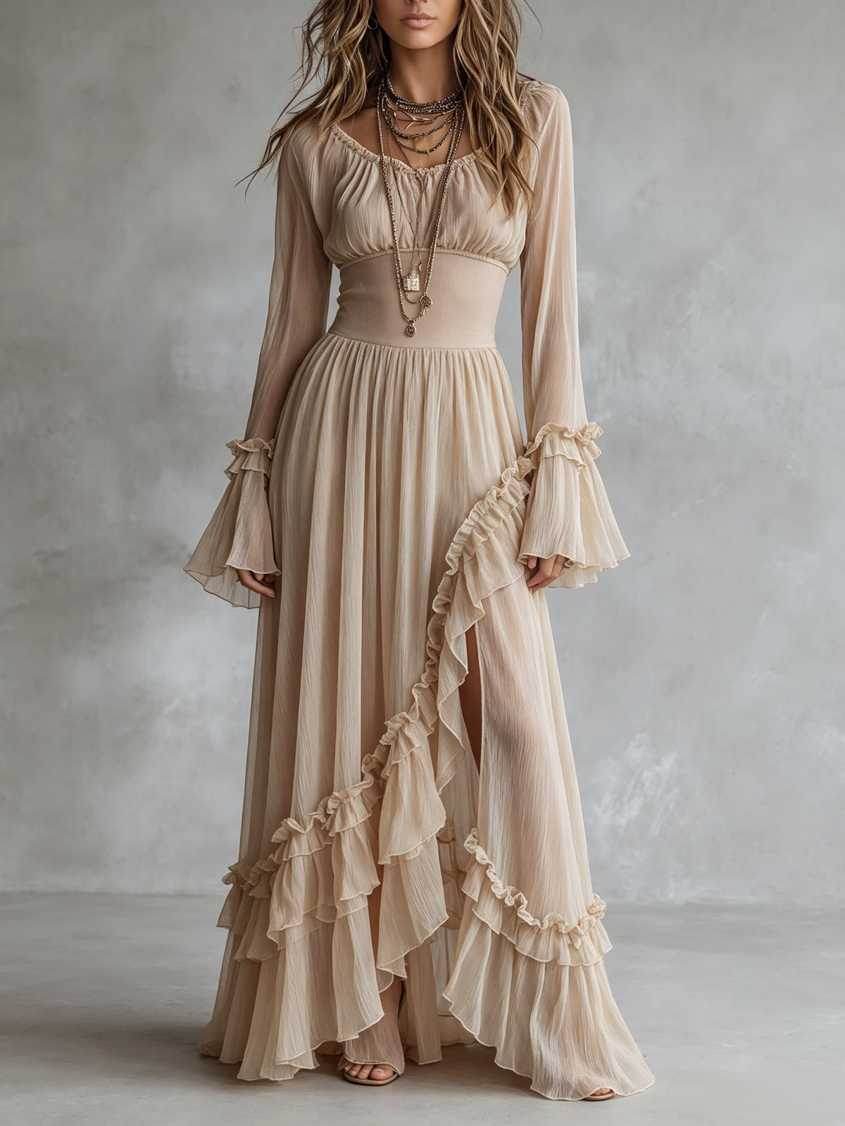 Ivory Sheer Chiffon Deep V Smocked Waist Ruffle Flare Sleeve Front Slit Maxi Dress