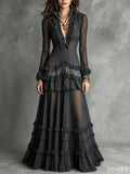 Black Sheer Mesh Sleeve Deep V Ruffle Fitted Tiered Ruffle Maxi Dress