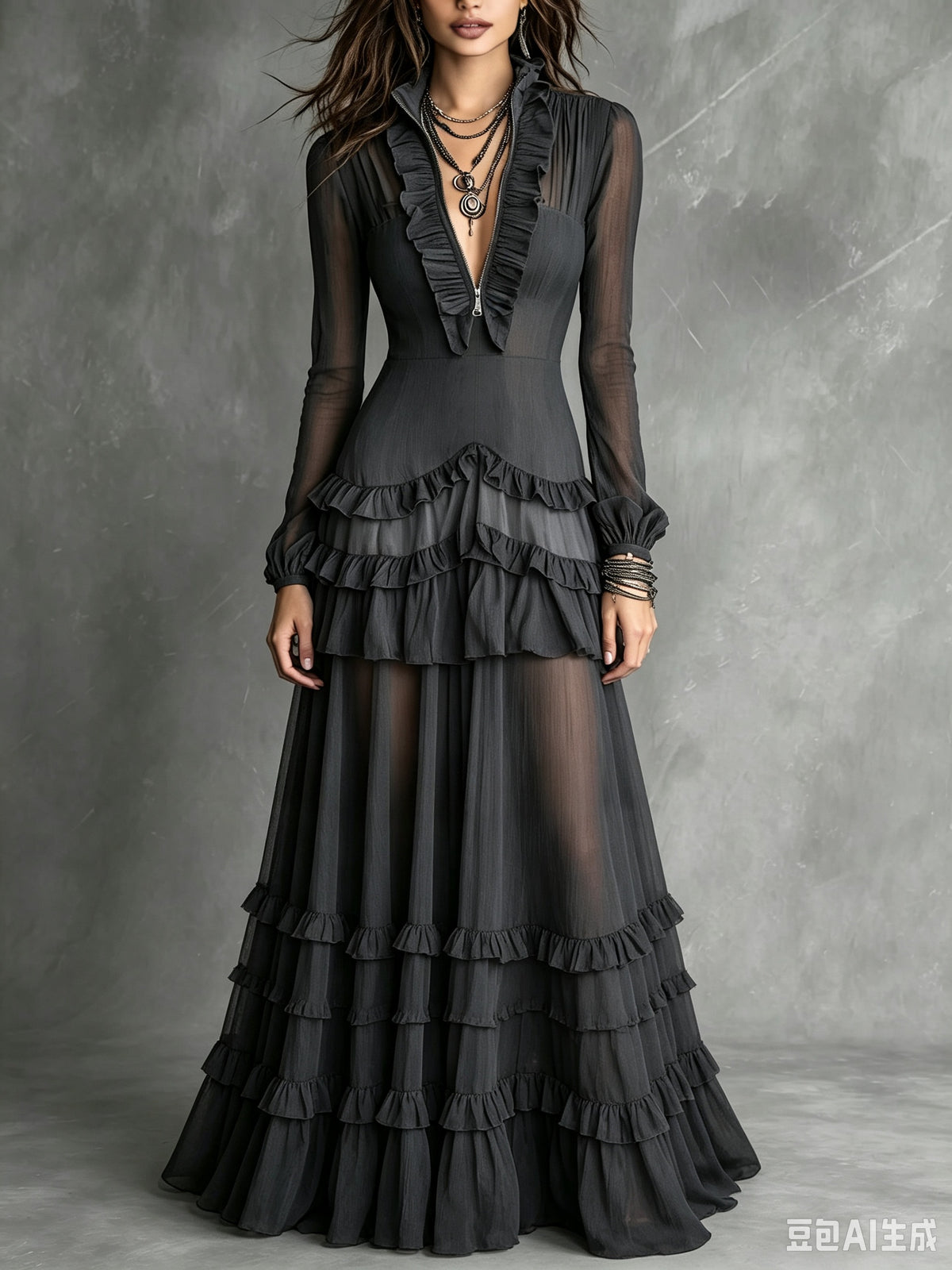 Black Sheer Mesh Sleeve Deep V Ruffle Fitted Tiered Ruffle Maxi Dress