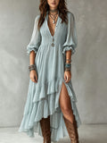 Dusty Blue Deep V Pin Tuck Button Lantern Sleeve Tiered Hi-Low Ruffle Maxi Dress
