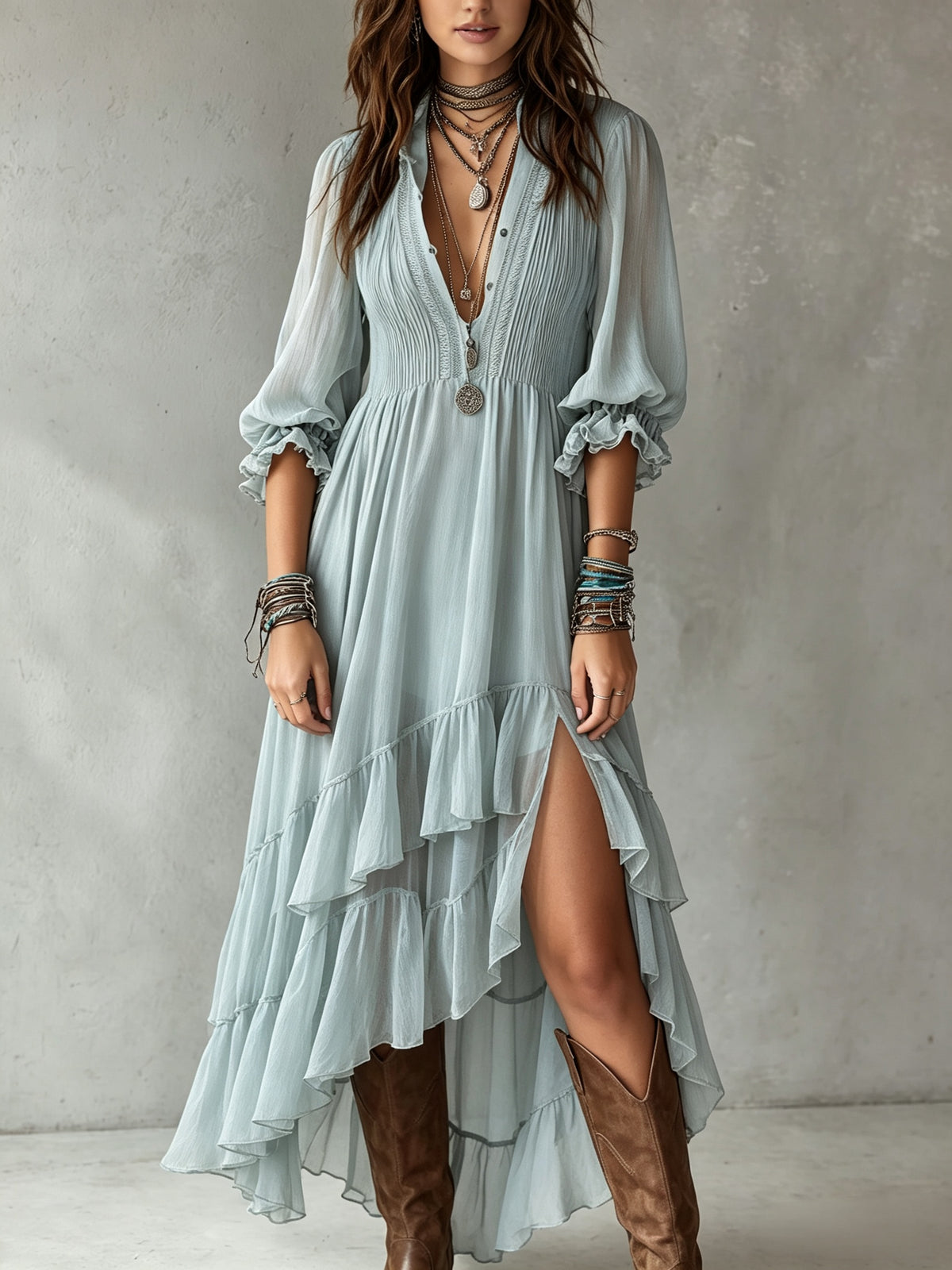 Dusty Blue Deep V Pin Tuck Button Lantern Sleeve Tiered Hi-Low Ruffle Maxi Dress