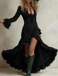 Black Deep V Ruffle Trim Lace-Up Flare Sleeve Tiered Hi-Low Ruffle Maxi Dress