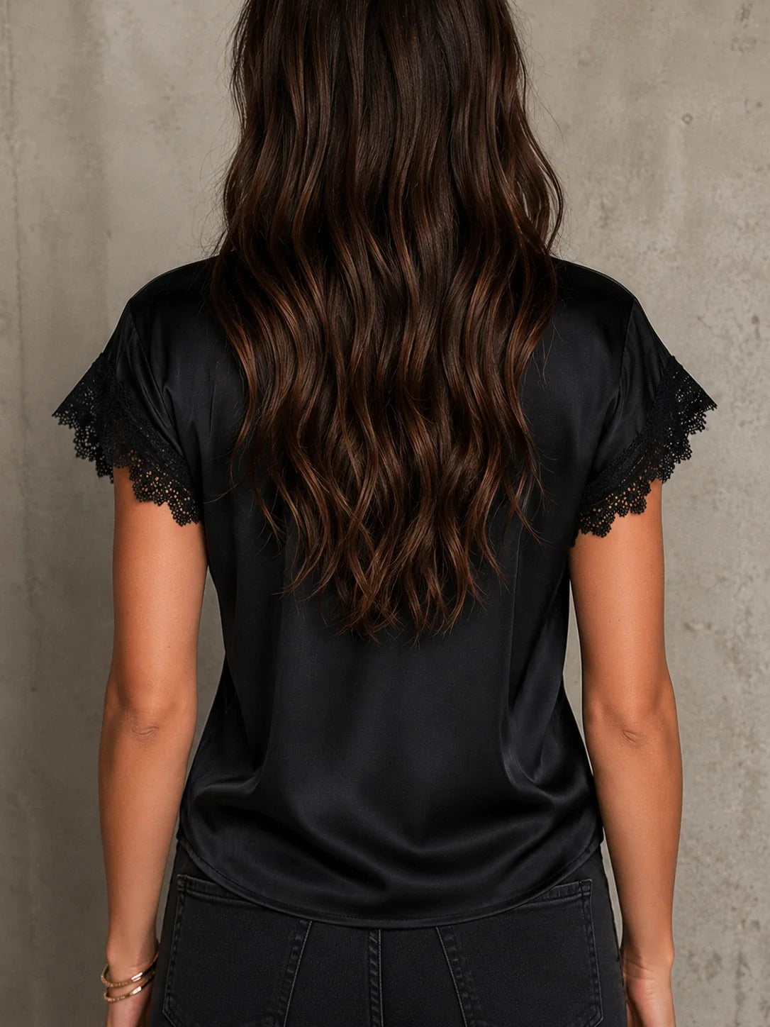 Black Lace-Trim Silk-Feel Boho Blouse