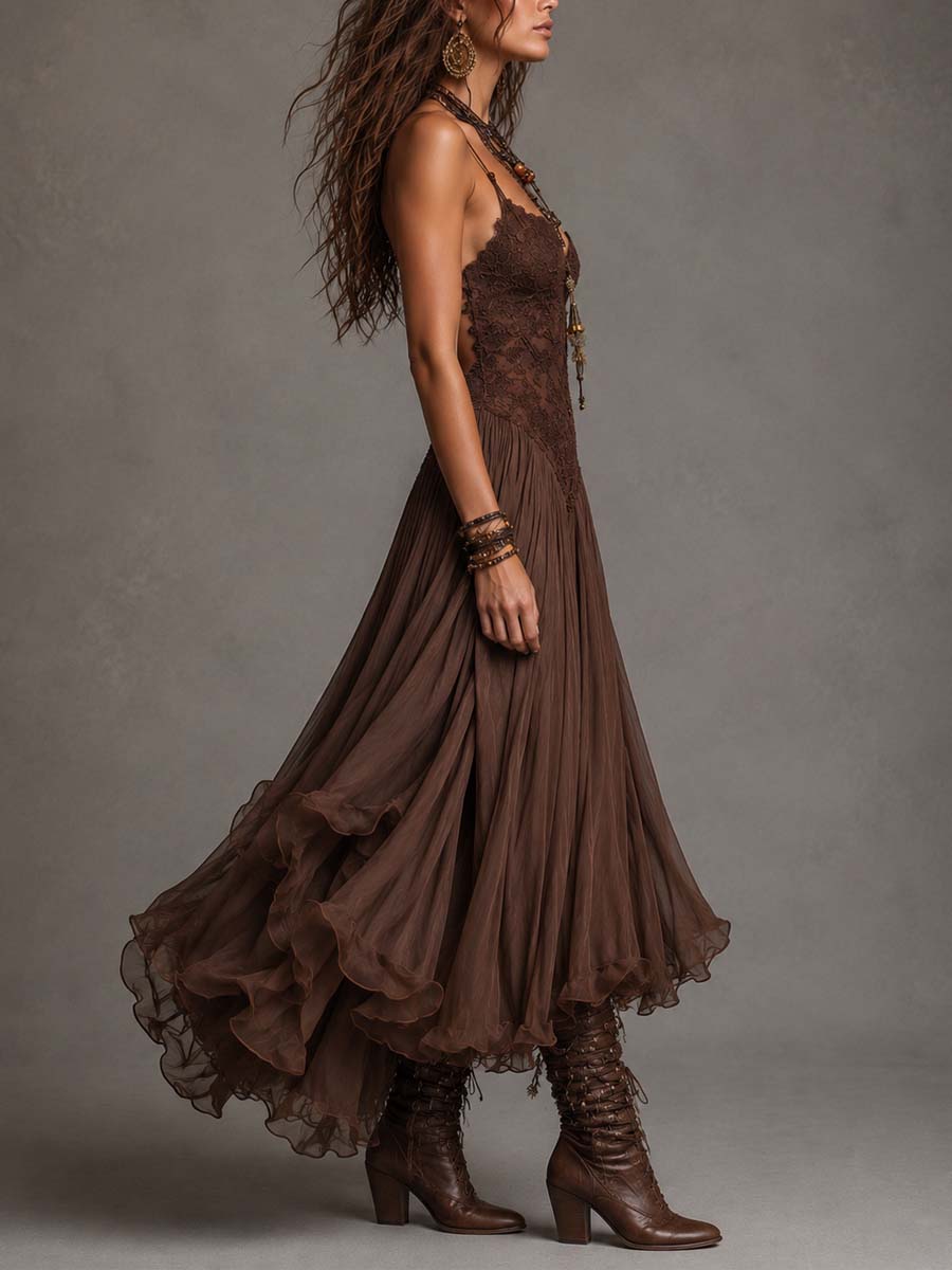 Dark Brown Lace And Chiffon Corset Maxi Dress