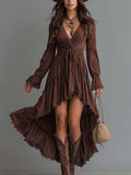 Retro-style Irregular Hem Lace Trim Denim Midi Dress