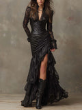Black Faux Leather Corset Maxi Dress With Lace Sleeves