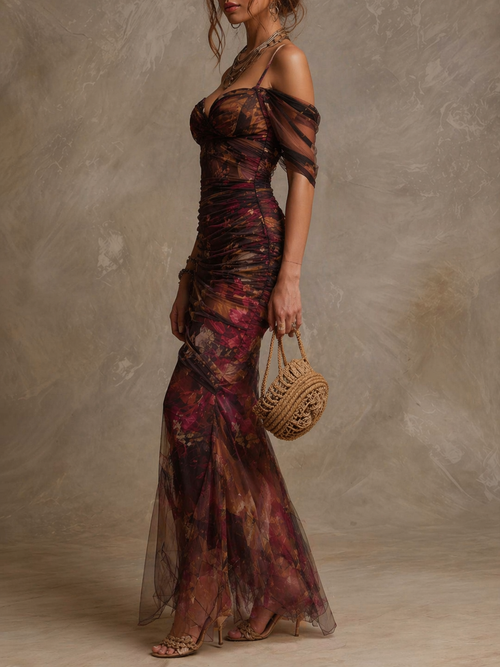 Vintage Floral Print Off-the-Shoulder Ruched Mesh Mermaid Maxi Dress