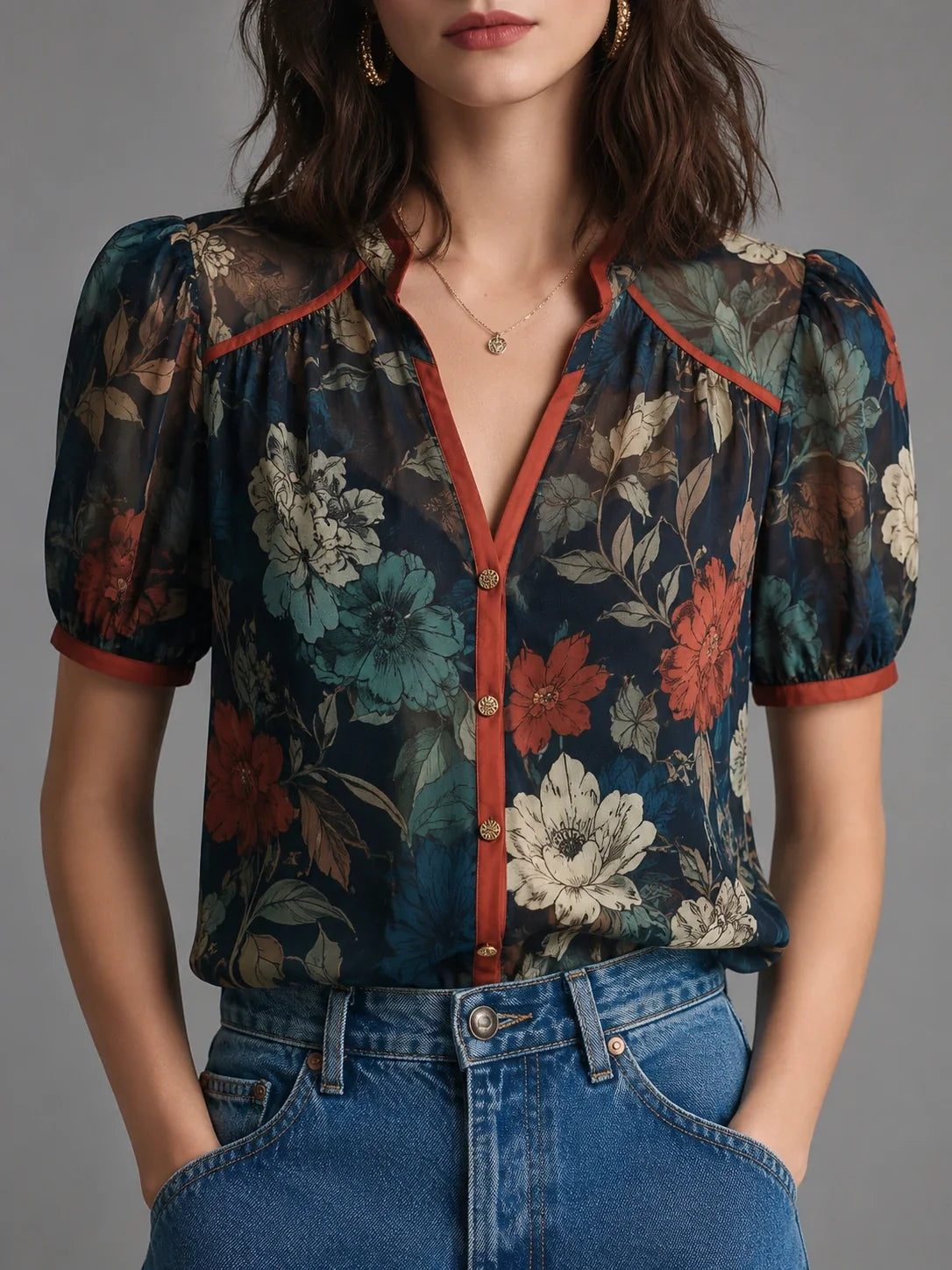 Vintage Botanical Puff Sleeve Blouse