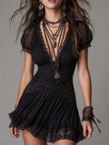 Dark Boho Lace And Chiffon Puff Sleeve Mini Dress