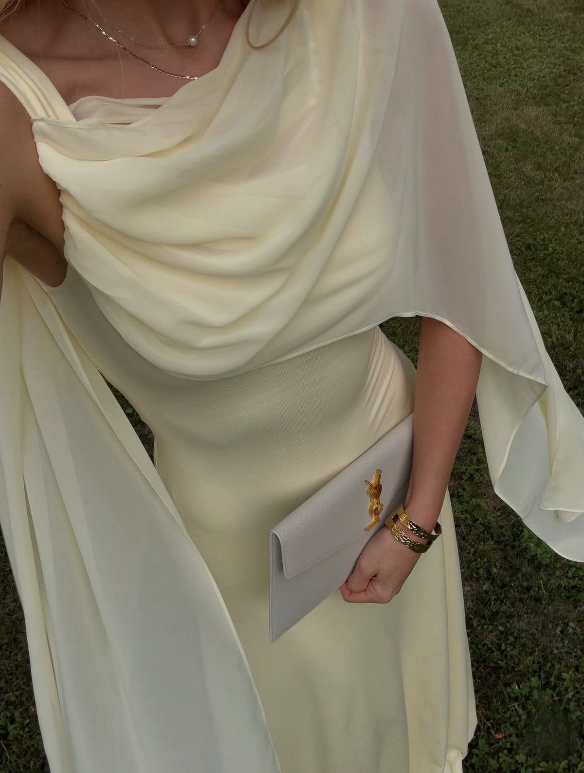 Cape Sleeve Satin Evening Gown