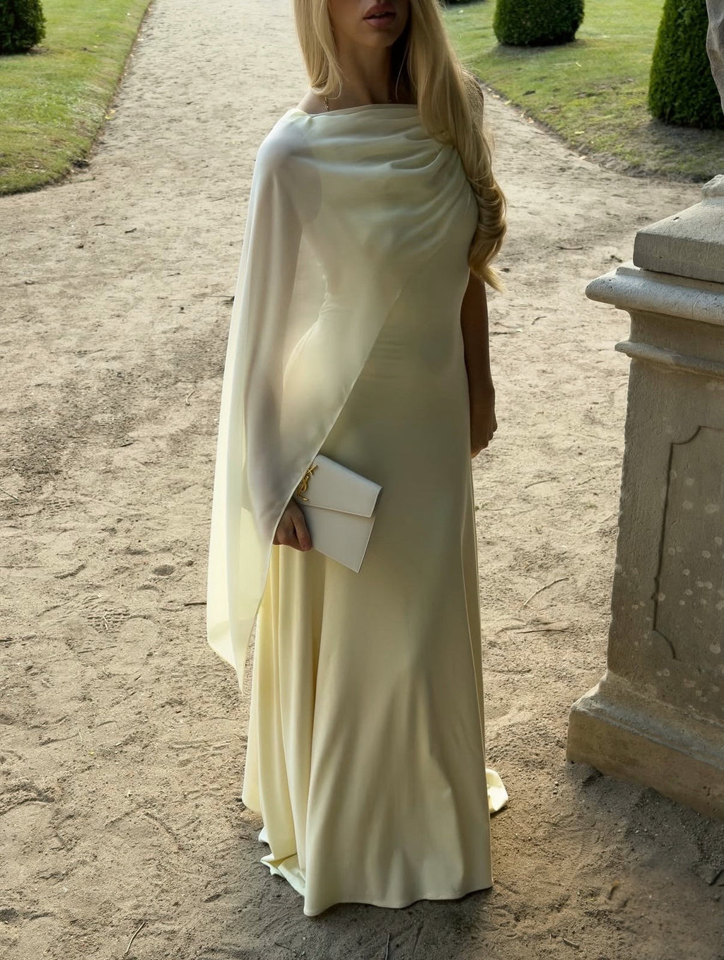 Cape Sleeve Satin Evening Gown