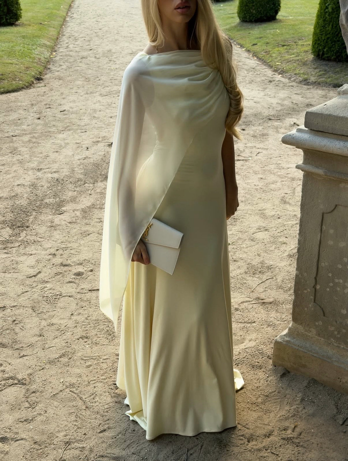 Cape Sleeve Satin Evening Gown