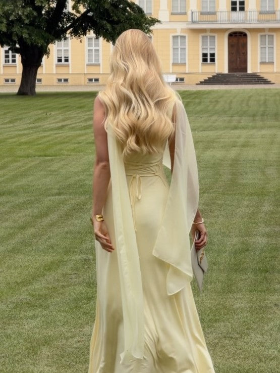 Cape Sleeve Satin Evening Gown