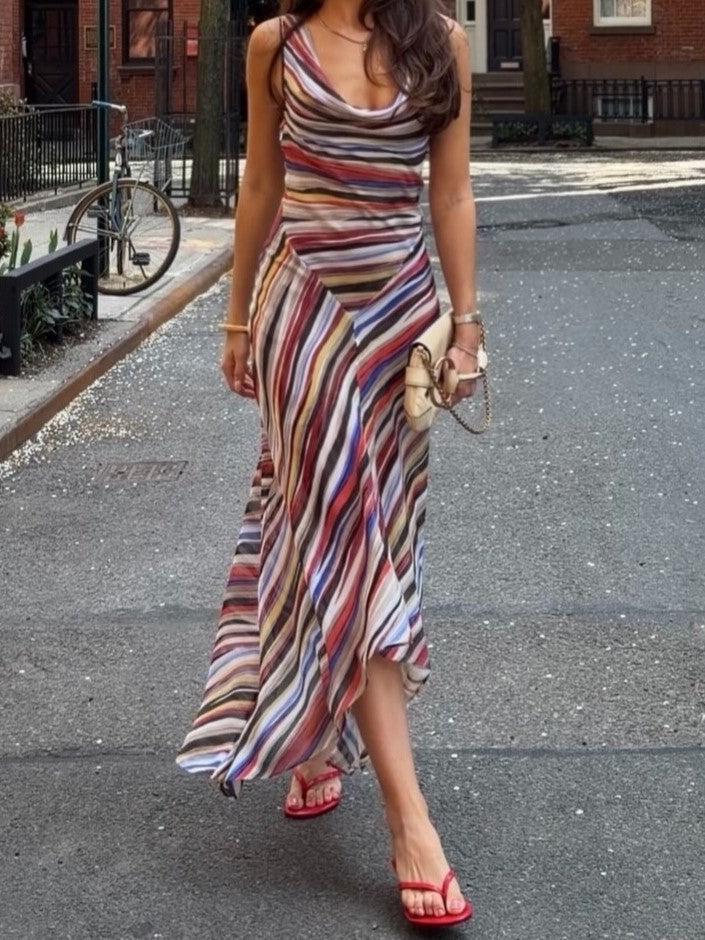 Multicolor Stripe Cowl Neck Sleeveless Maxi Dress