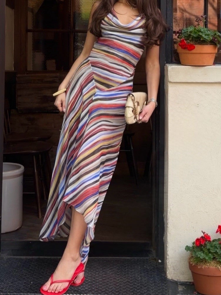 Multicolor Stripe Cowl Neck Sleeveless Maxi Dress