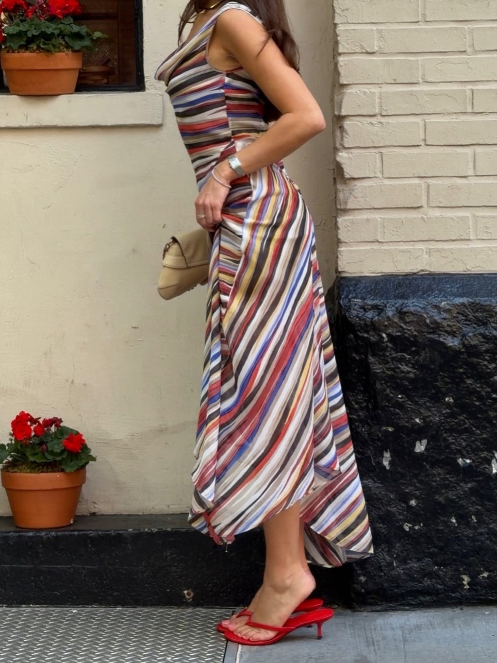 Multicolor Stripe Cowl Neck Sleeveless Maxi Dress