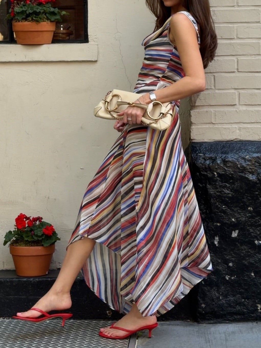 Multicolor Stripe Cowl Neck Sleeveless Maxi Dress