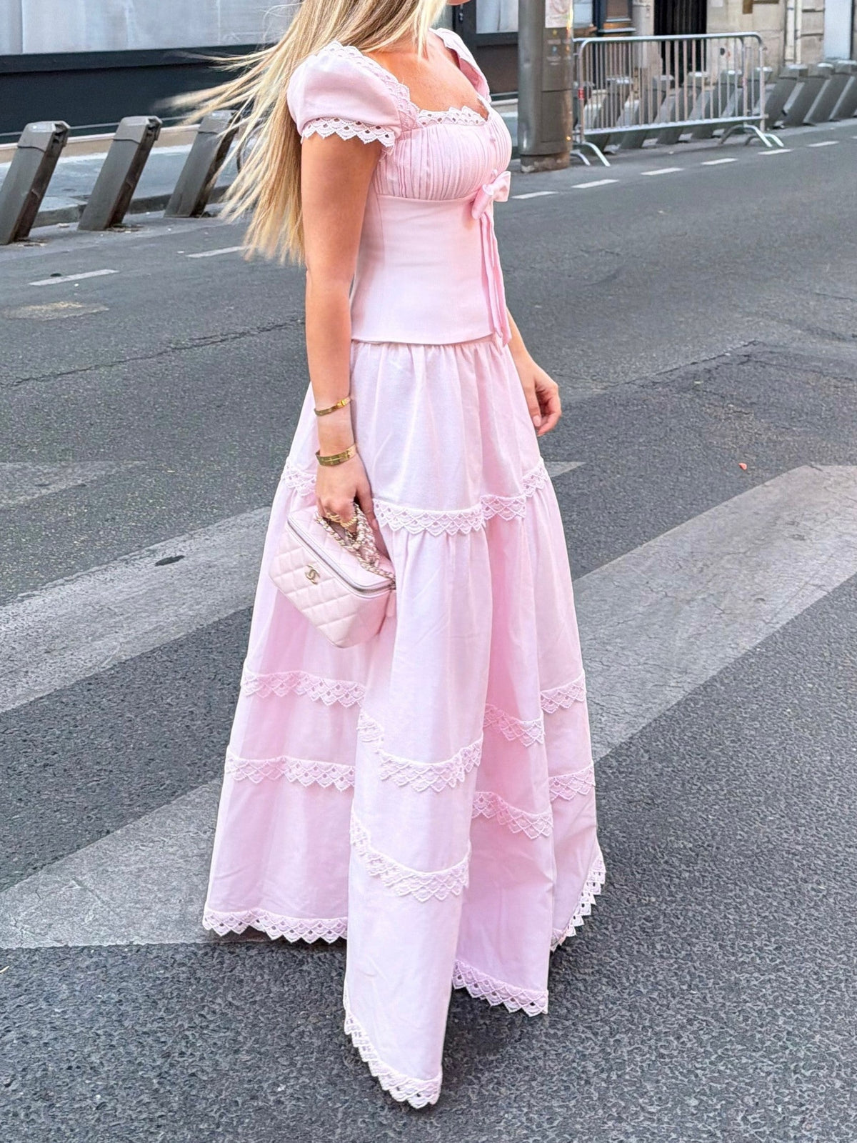 Blush Pink Bow Detail Scalloped Lace Maxi Dress