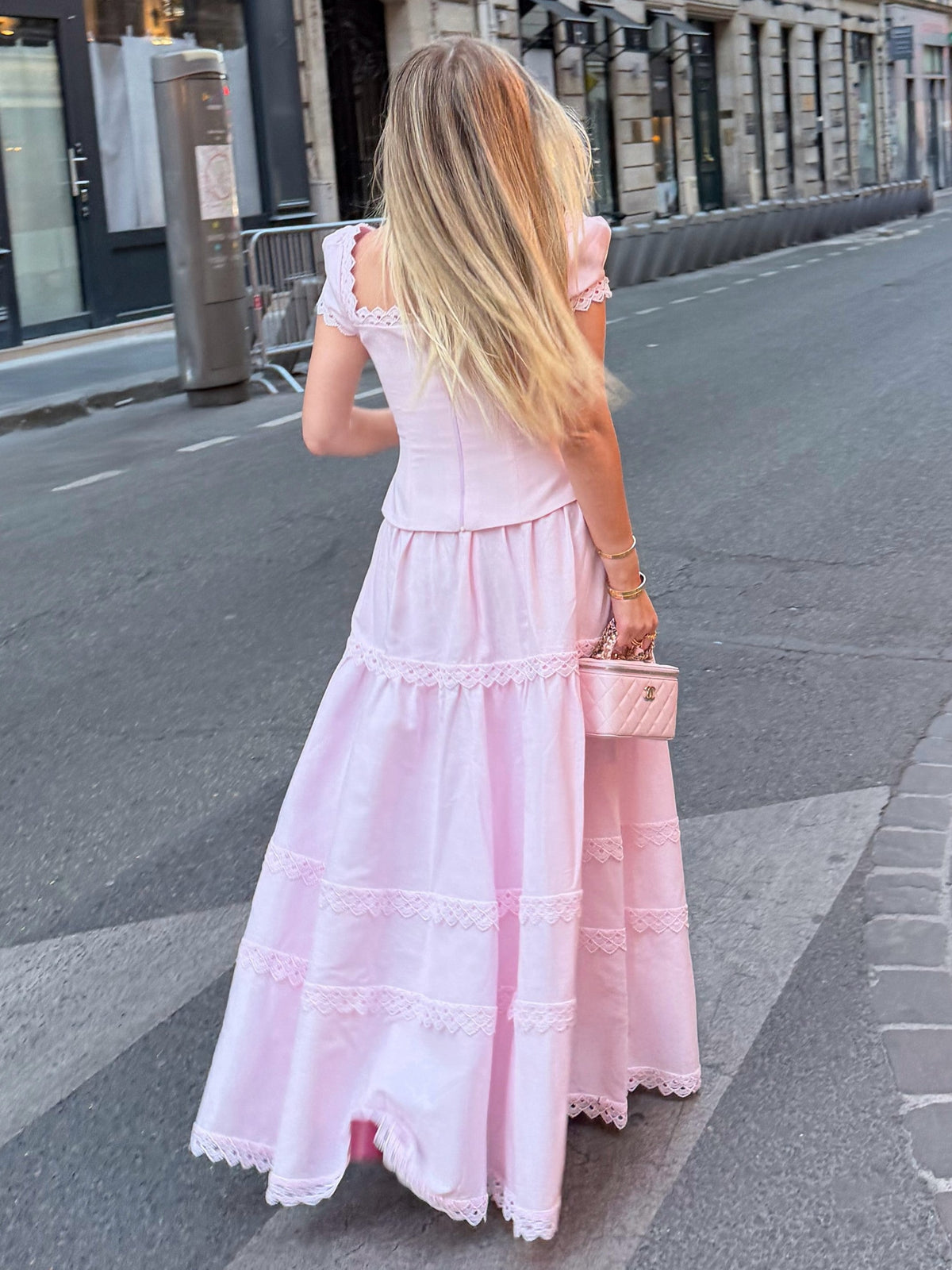 Blush Pink Bow Detail Scalloped Lace Maxi Dress