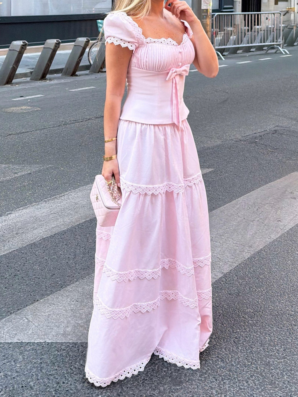 Blush Pink Bow Detail Scalloped Lace Maxi Dress